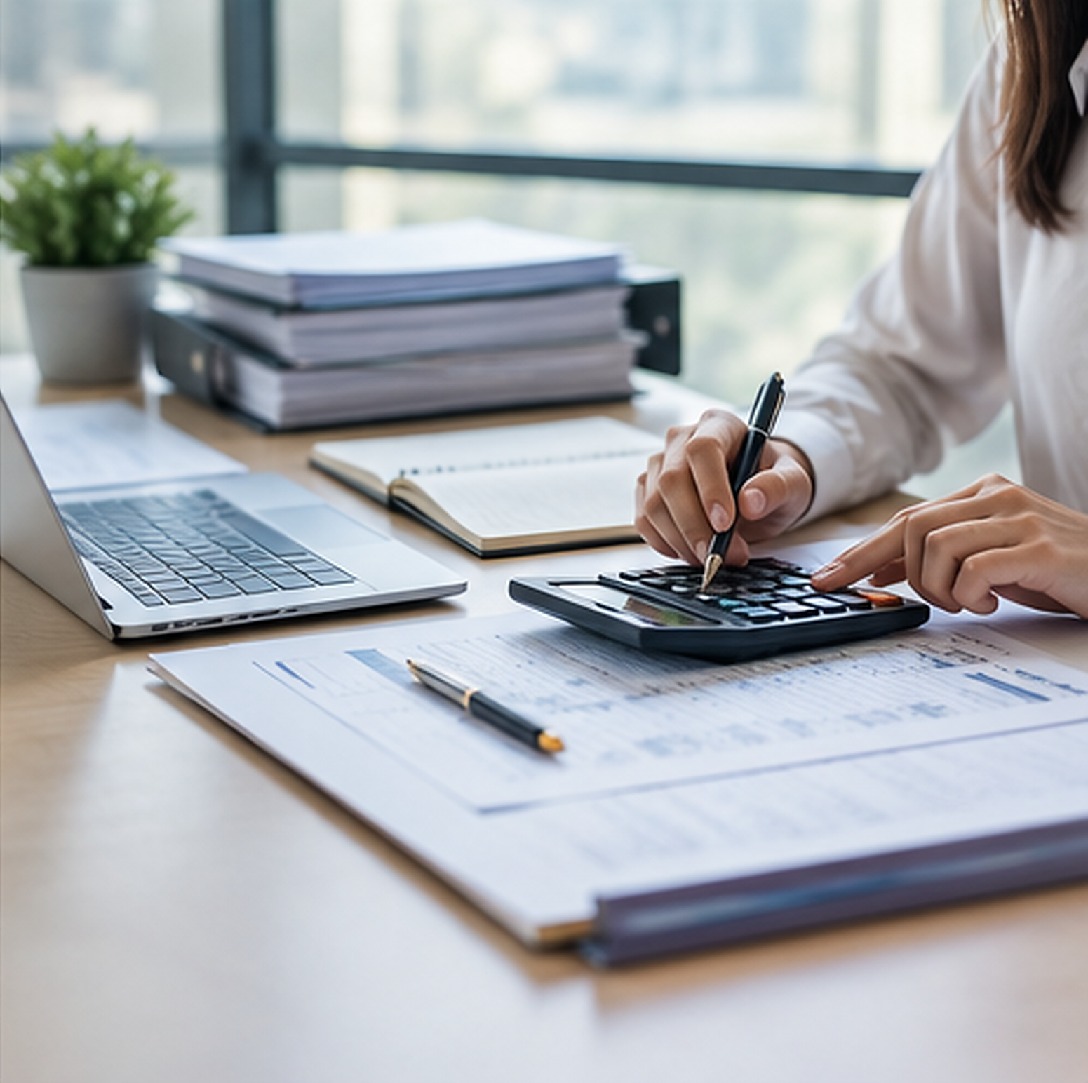 Accounting operations workspace showing reports, calculator and finance documents